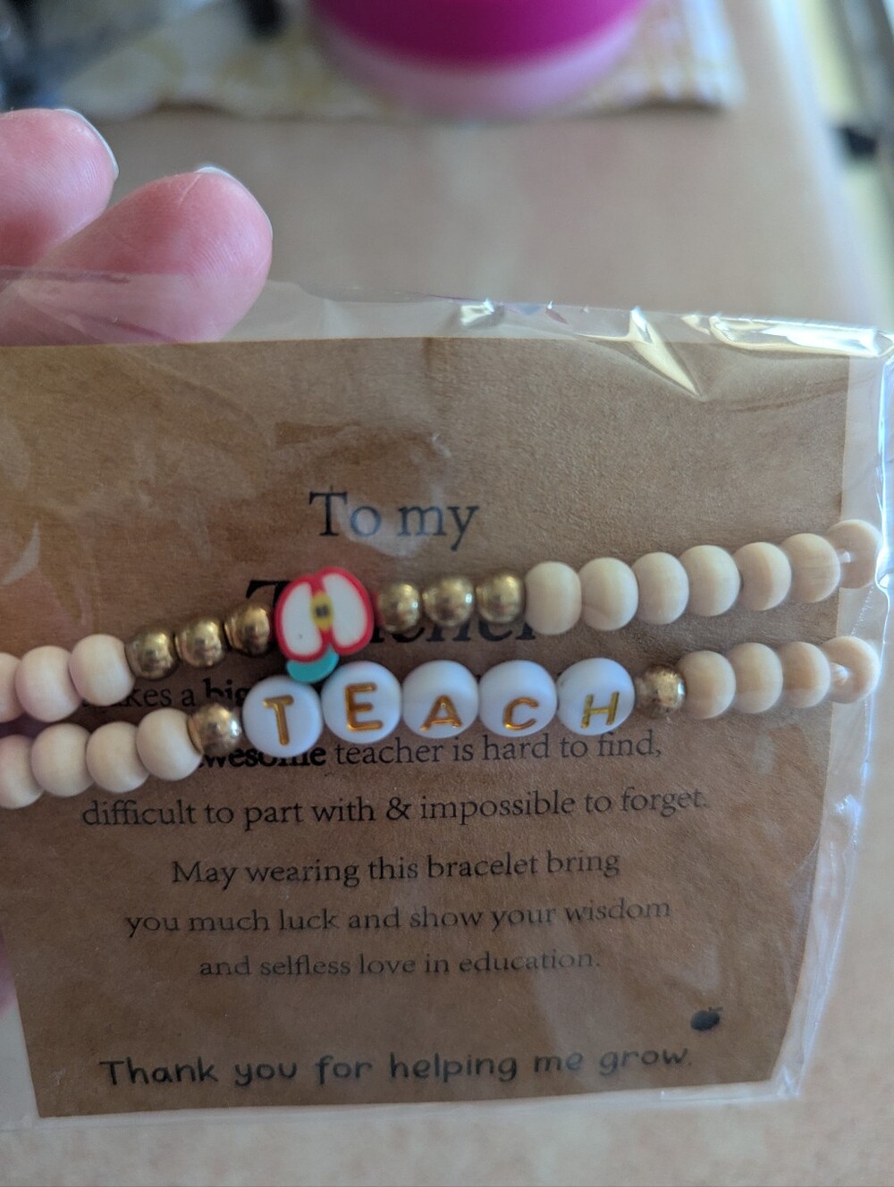 NWT TEACH beaded bracelet set with apple charm - cream & gold